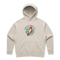 Women’s bone platypus hoodie featuring a hand-drawn platypus floating with floaties, Paddling Through Life design