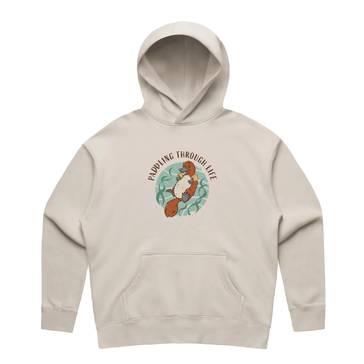 Women’s bone platypus hoodie featuring a hand-drawn platypus floating with floaties, Paddling Through Life design