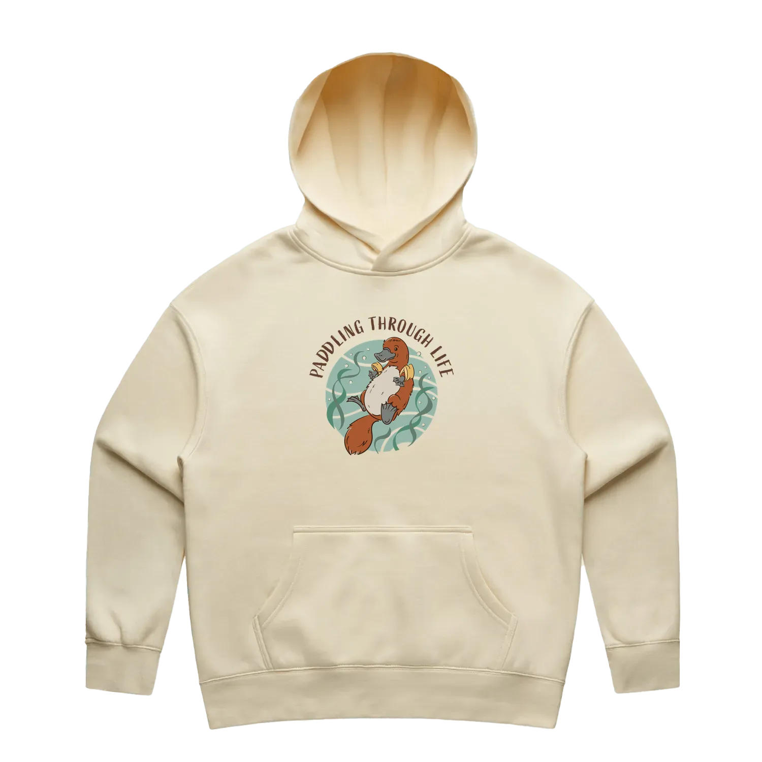 Women’s butter platypus hoodie featuring a hand-drawn platypus floating with floaties, Paddling Through Life design