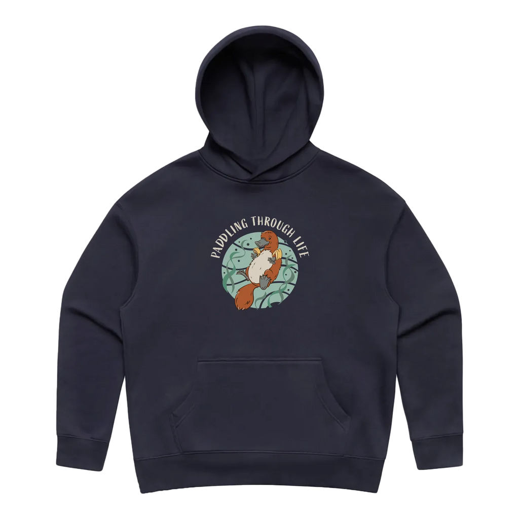 Women’s ink-blue platypus hoodie featuring a hand-drawn platypus floating with floaties, Paddling Through Life design