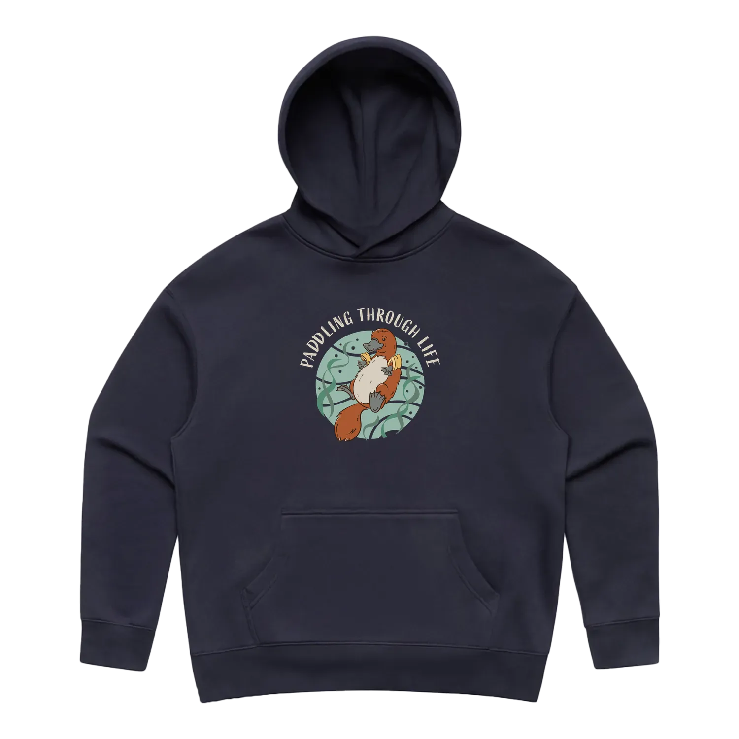 Women’s ink-blue platypus hoodie featuring a hand-drawn platypus floating with floaties, Paddling Through Life design
