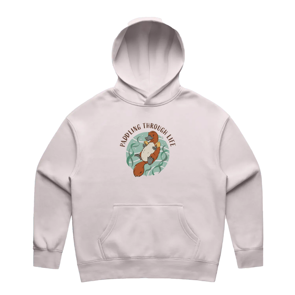 Women’s orchid platypus hoodie featuring a hand-drawn platypus floating with floaties, Paddling Through Life design