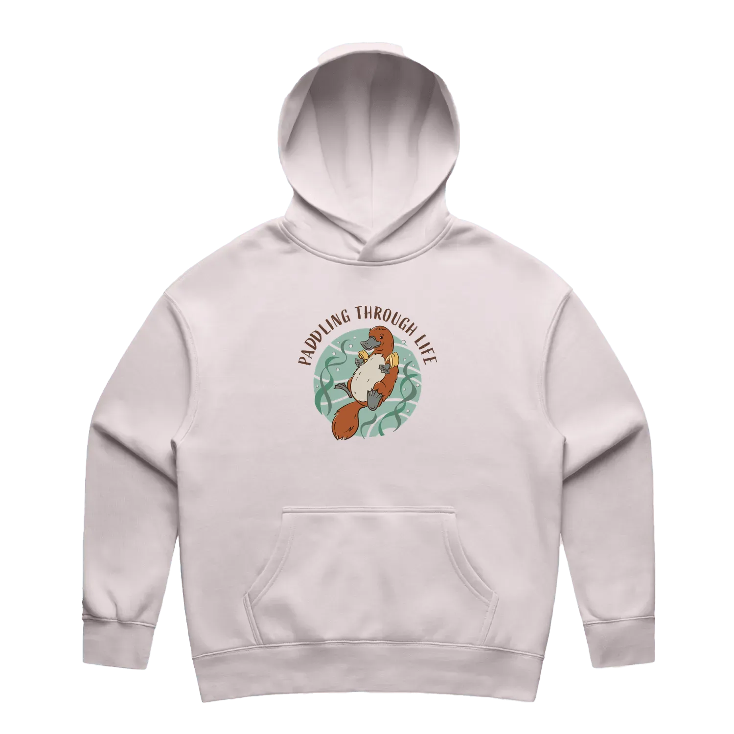 Women’s orchid platypus hoodie featuring a hand-drawn platypus floating with floaties, Paddling Through Life design