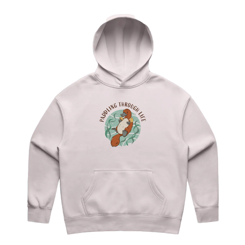 Women’s orchid platypus hoodie featuring a hand-drawn platypus floating with floaties, Paddling Through Life design