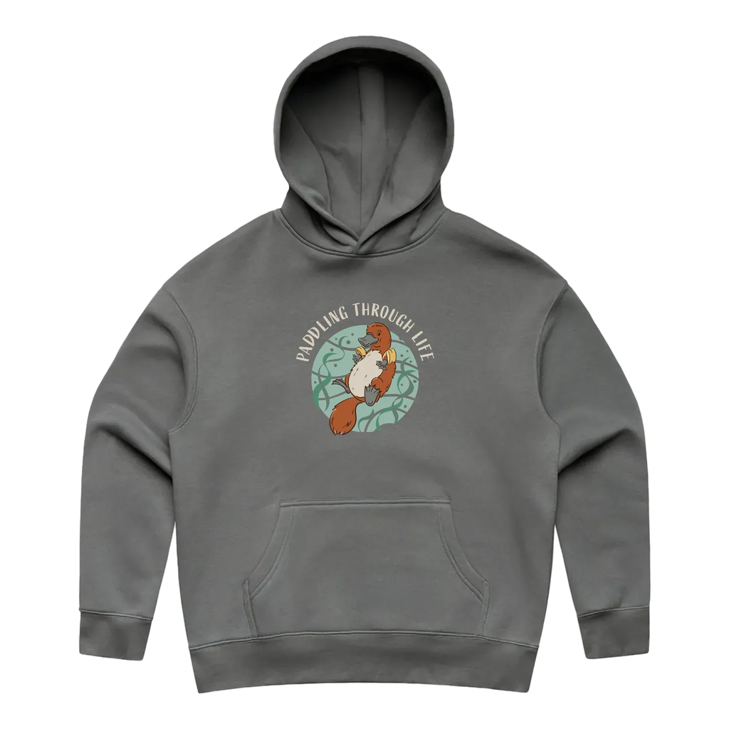 Women’s shadow platypus hoodie featuring a hand-drawn platypus floating with floaties, Paddling Through Life design