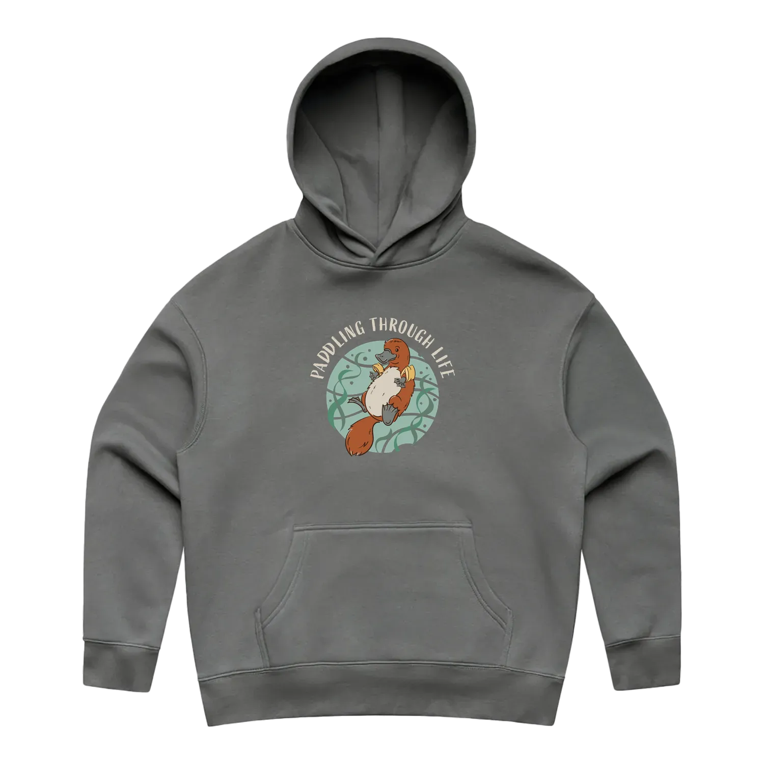 Women’s shadow platypus hoodie featuring a hand-drawn platypus floating with floaties, Paddling Through Life design