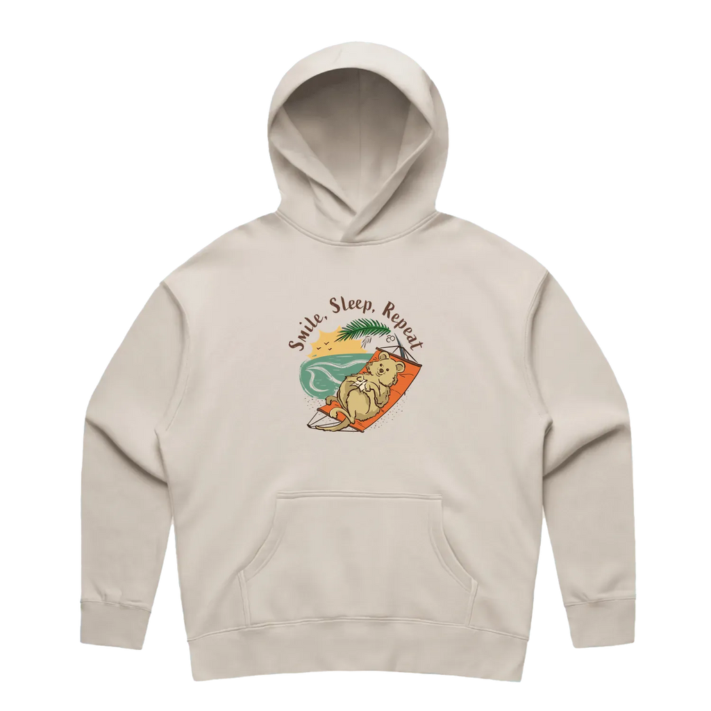 Women’s bone quokka hoodie featuring a cute, funny hand-drawn quokka design, Smile, Sleep, Repeat print