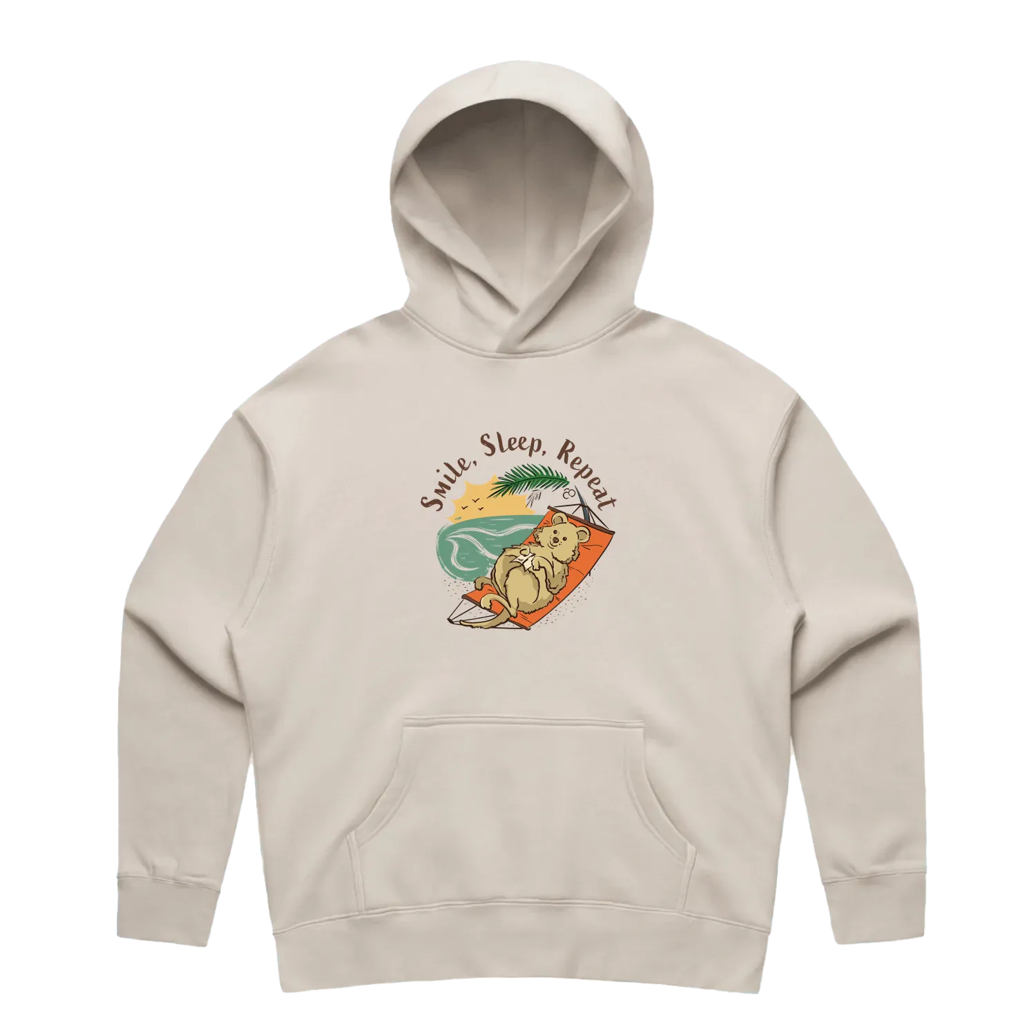 Women’s bone quokka hoodie featuring a cute, funny hand-drawn quokka design, Smile, Sleep, Repeat print