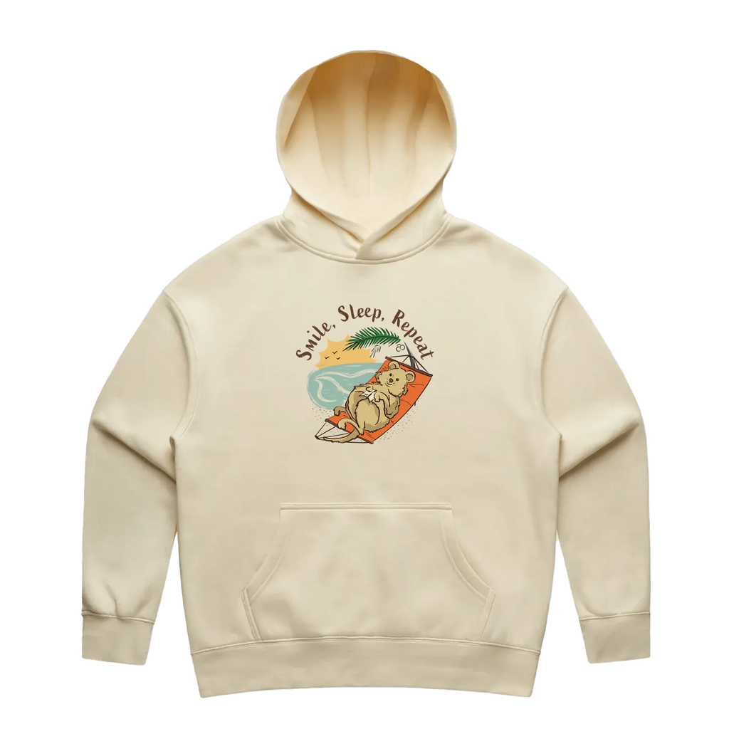 Women’s butter quokka hoodie featuring a cute, funny hand-drawn quokka design, Smile, Sleep, Repeat print