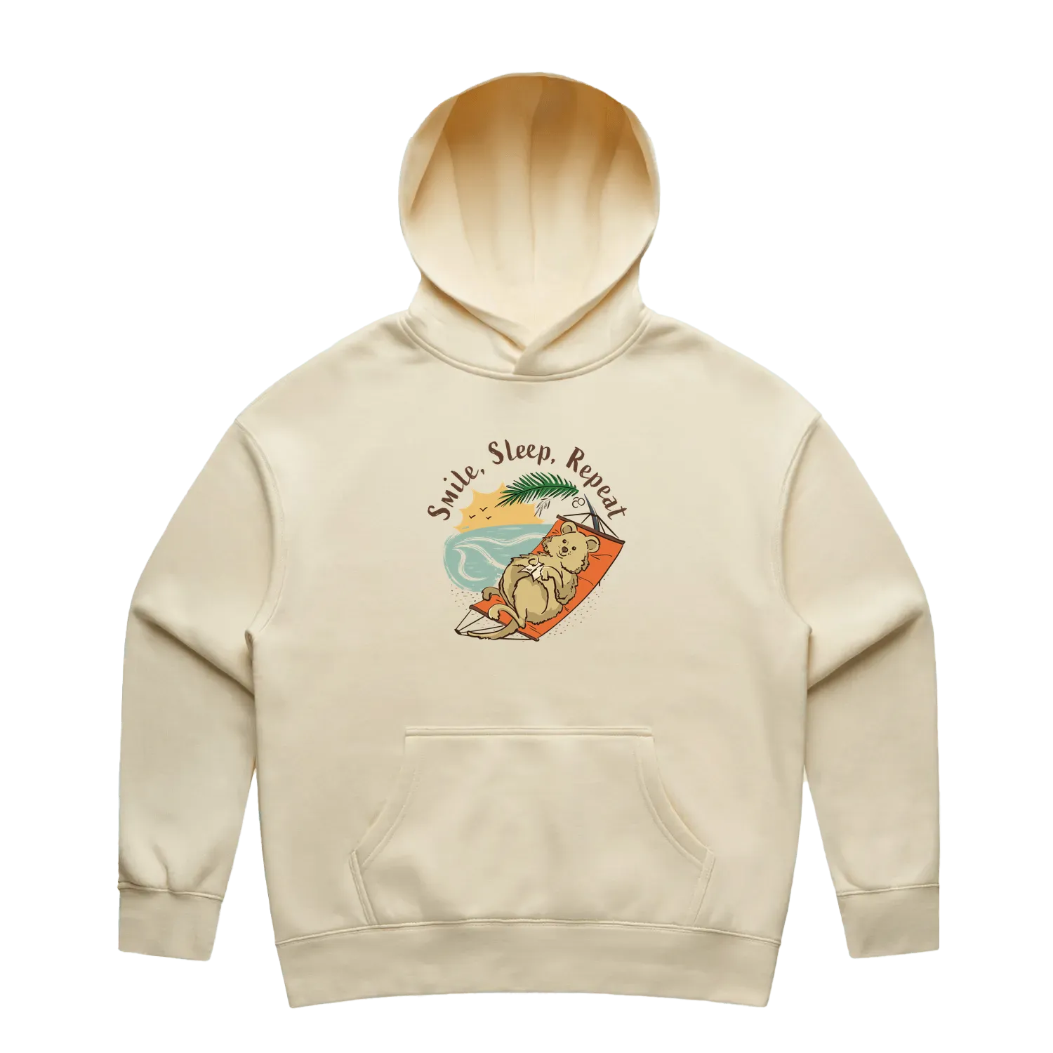 Women’s butter quokka hoodie featuring a cute, funny hand-drawn quokka design, Smile, Sleep, Repeat print
