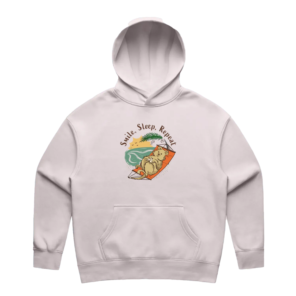 Women’s orchid quokka hoodie featuring a cute, funny hand-drawn quokka design, Smile, Sleep, Repeat print