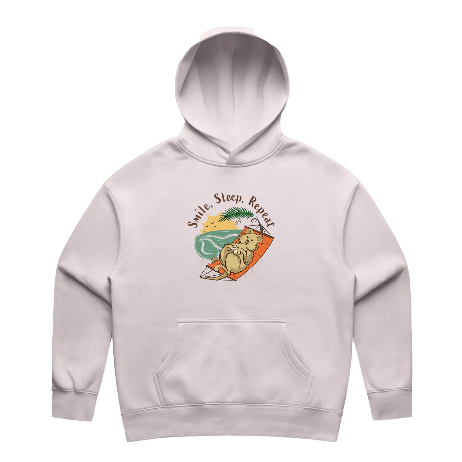 Women’s orchid quokka hoodie featuring a cute, funny hand-drawn quokka design, Smile, Sleep, Repeat print