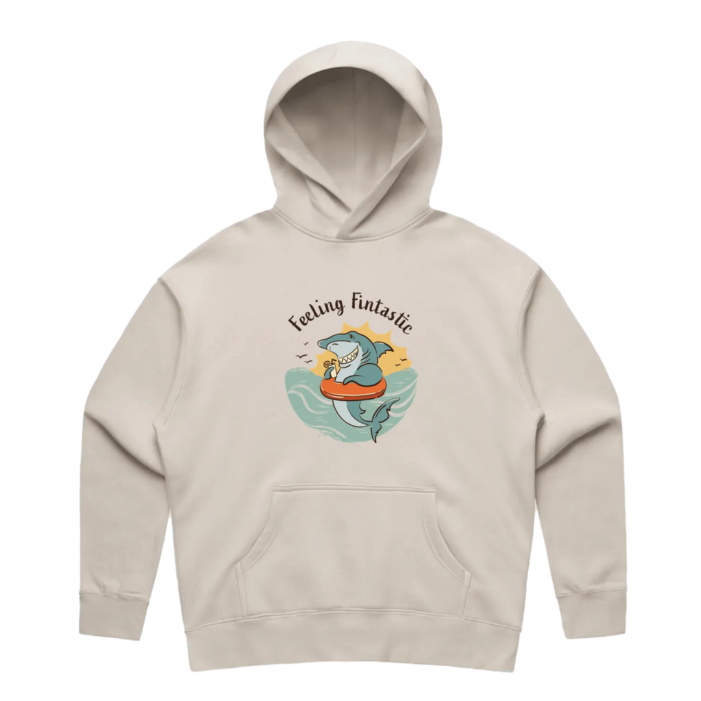 Women’s bone shark hoodie featuring a cute, funny hand-drawn shark design, Feeling Fintastic print