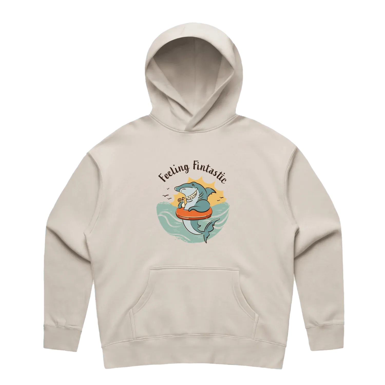 Women’s bone shark hoodie featuring a cute, funny hand-drawn shark design, Feeling Fintastic print