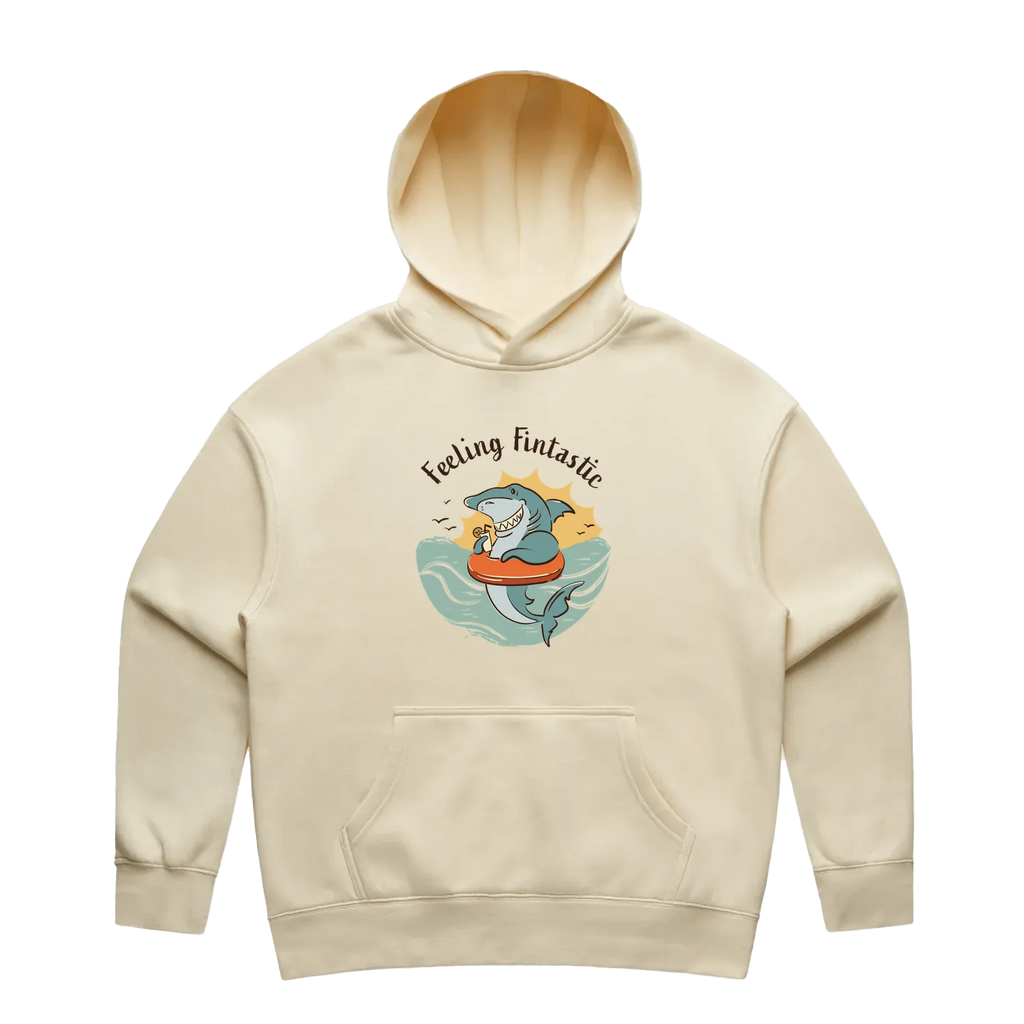 Women’s butter shark hoodie featuring a cute, funny hand-drawn shark design, Feeling Fintastic print