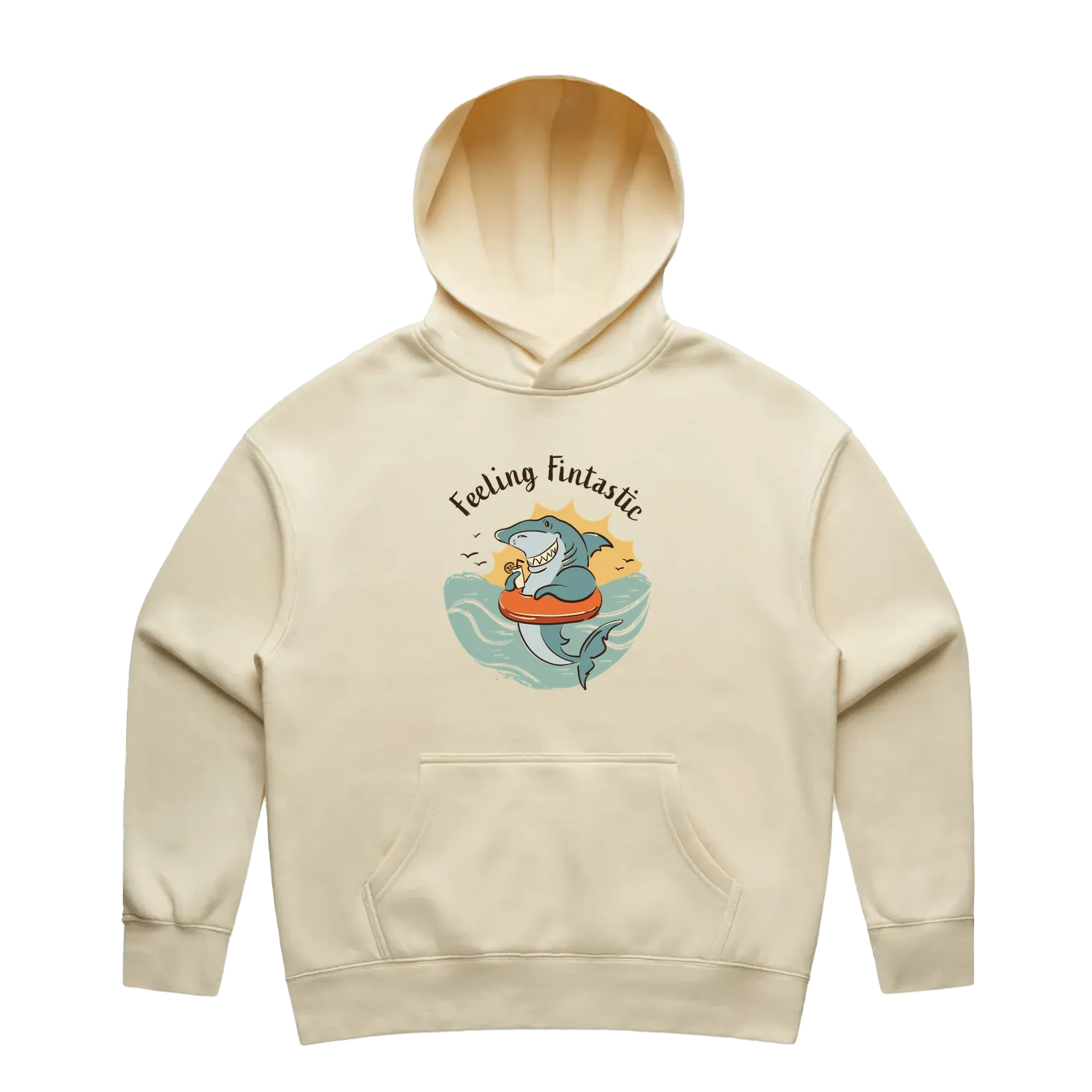 Women’s butter shark hoodie featuring a cute, funny hand-drawn shark design, Feeling Fintastic print