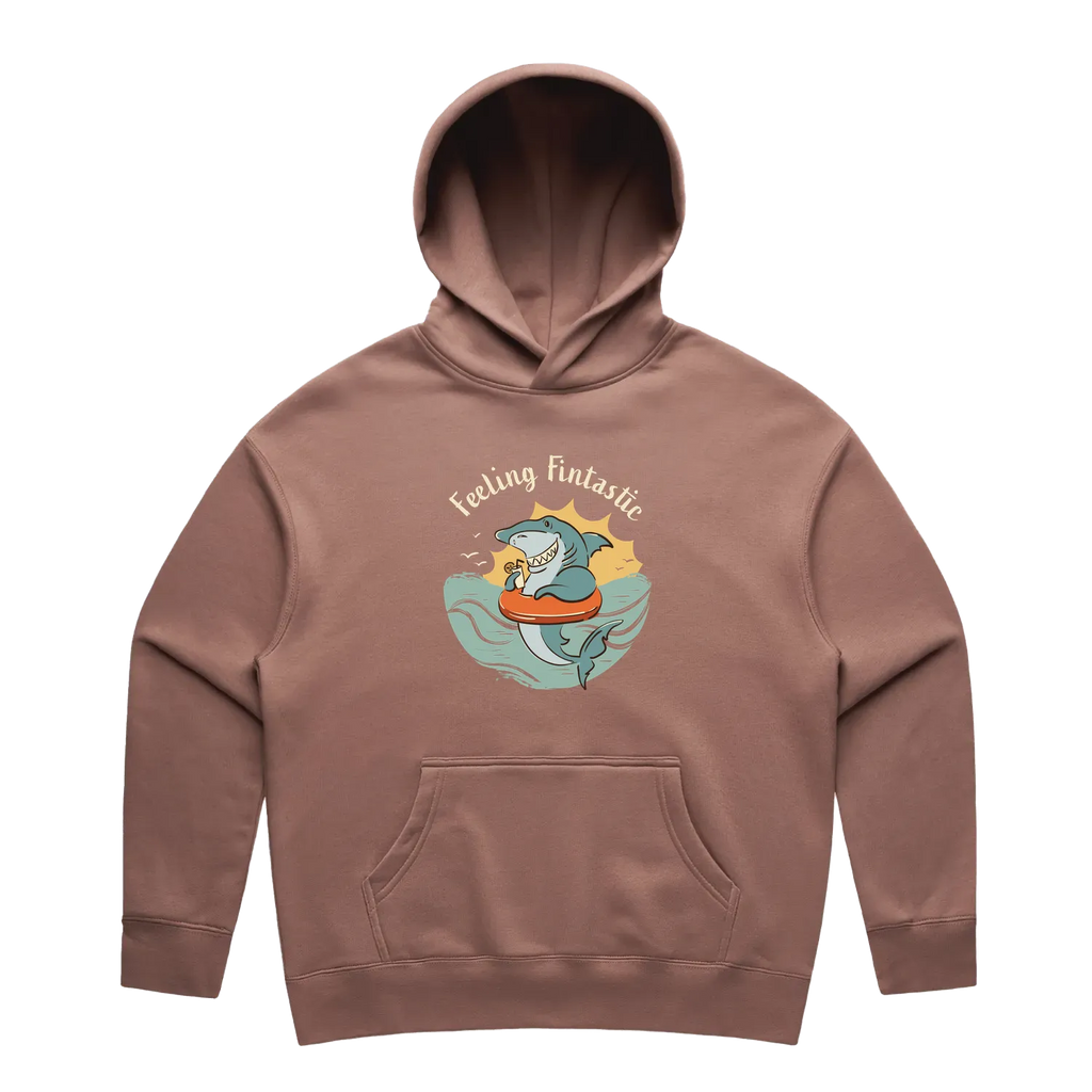 Women’s hazy pink shark hoodie featuring a cute, funny hand-drawn shark design, Feeling Fintastic print