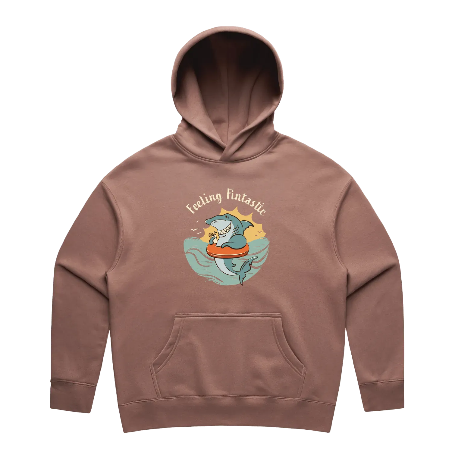 Women’s hazy pink shark hoodie featuring a cute, funny hand-drawn shark design, Feeling Fintastic print