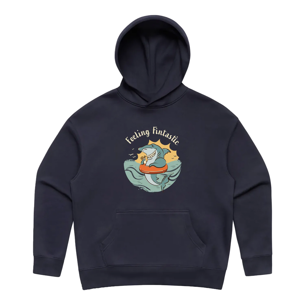Women’s ink blue shark hoodie featuring a cute, funny hand-drawn shark design, Feeling Fintastic print