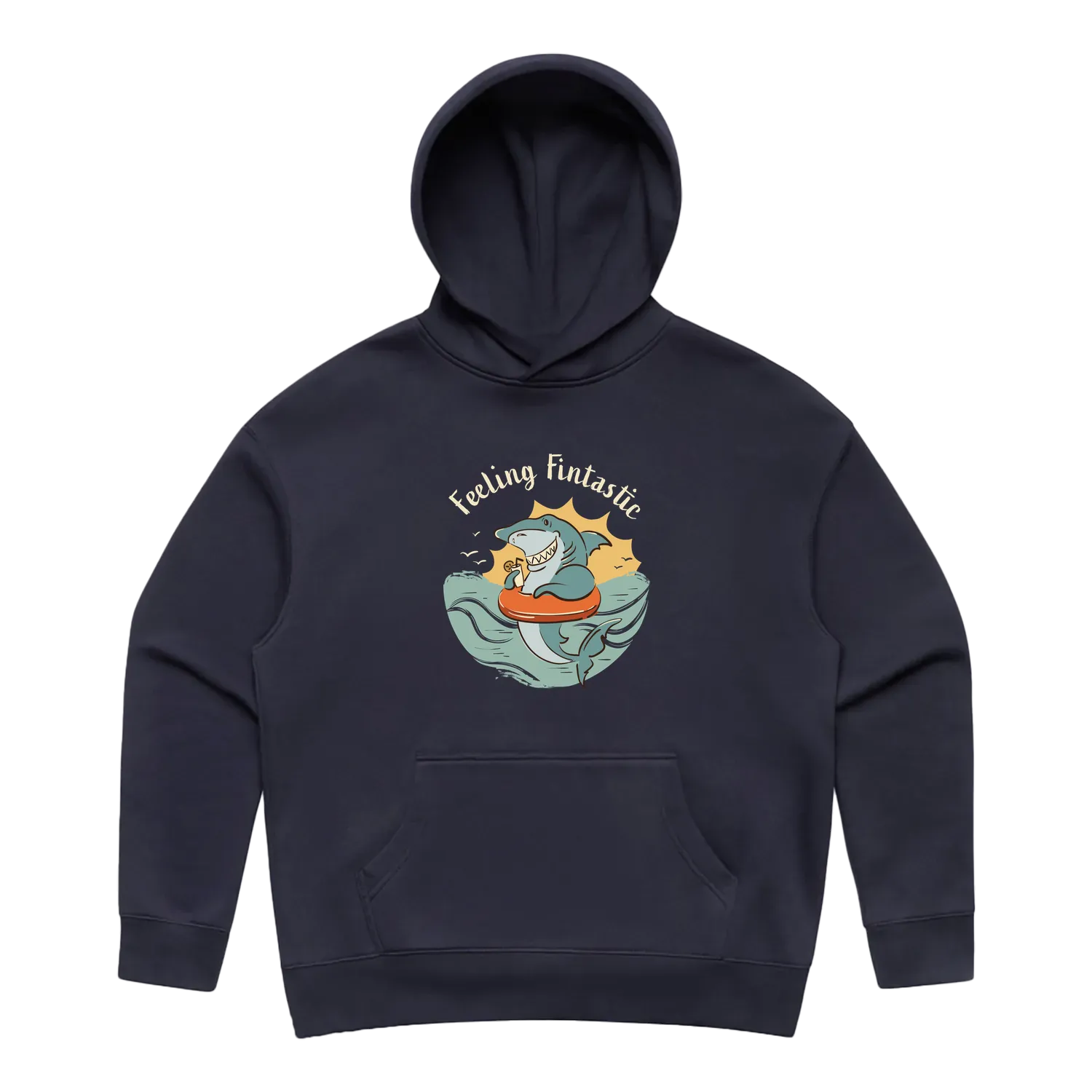 Women’s ink blue shark hoodie featuring a cute, funny hand-drawn shark design, Feeling Fintastic print