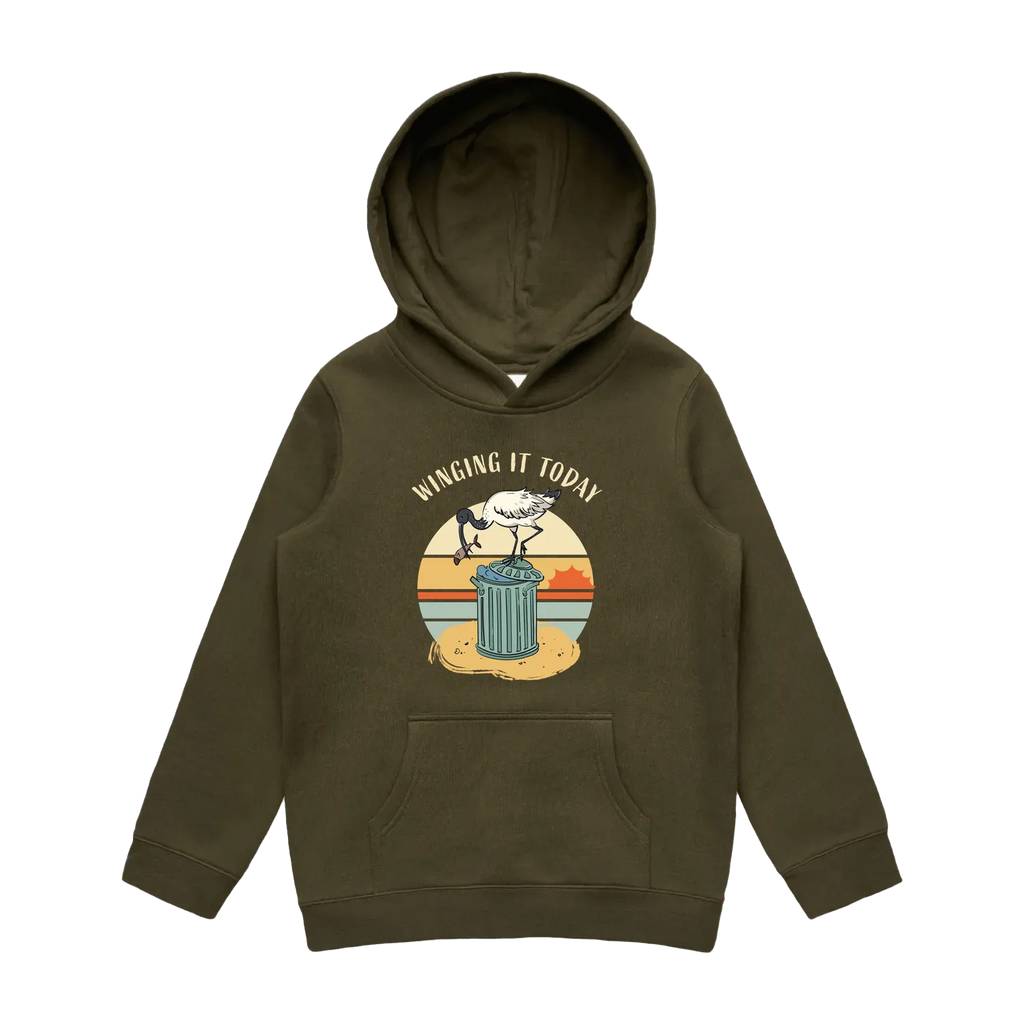 Youth army ibis hoodie featuring a cute, funny hand-drawn ibis design, Winging It Today print