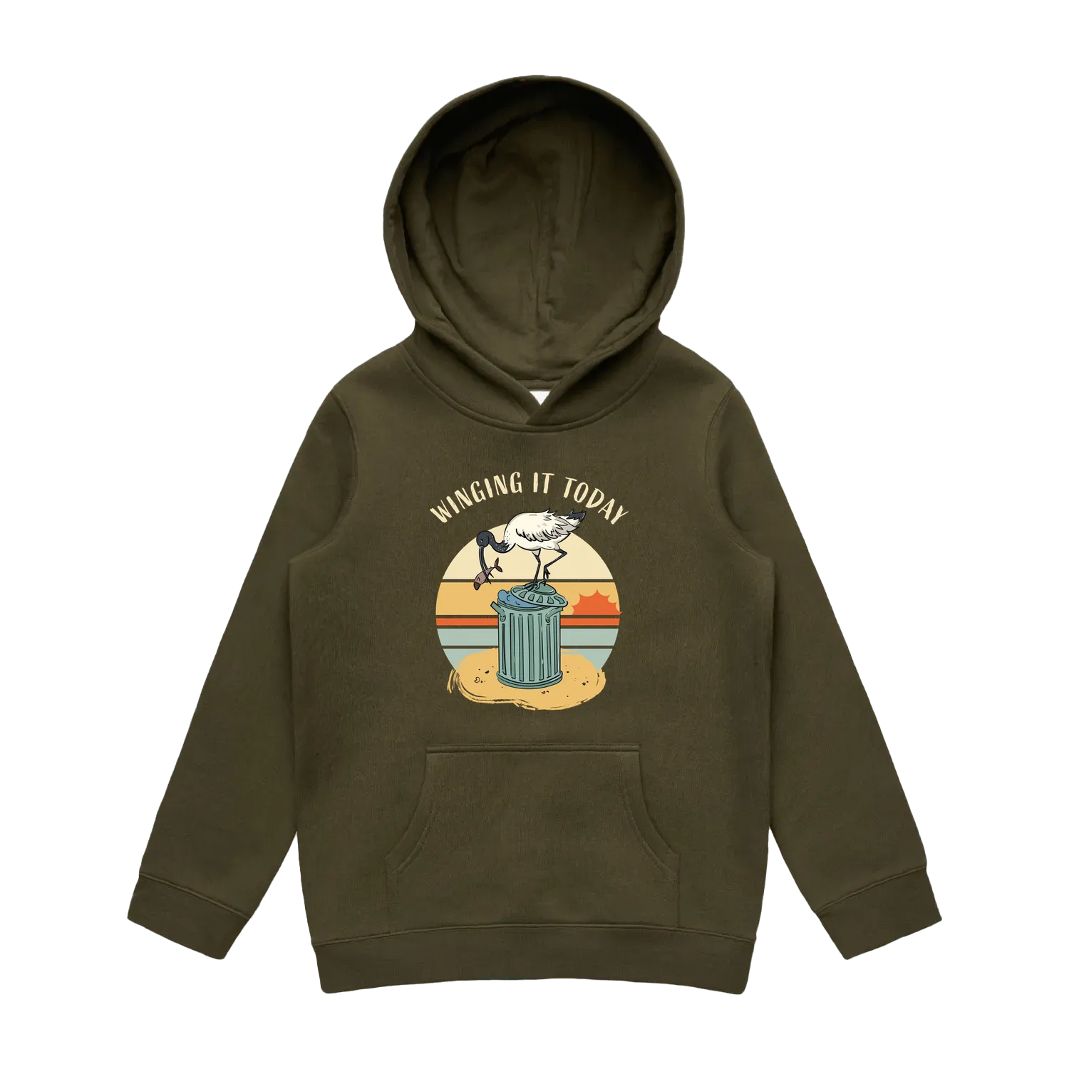 Youth army ibis hoodie featuring a cute, funny hand-drawn ibis design, Winging It Today print