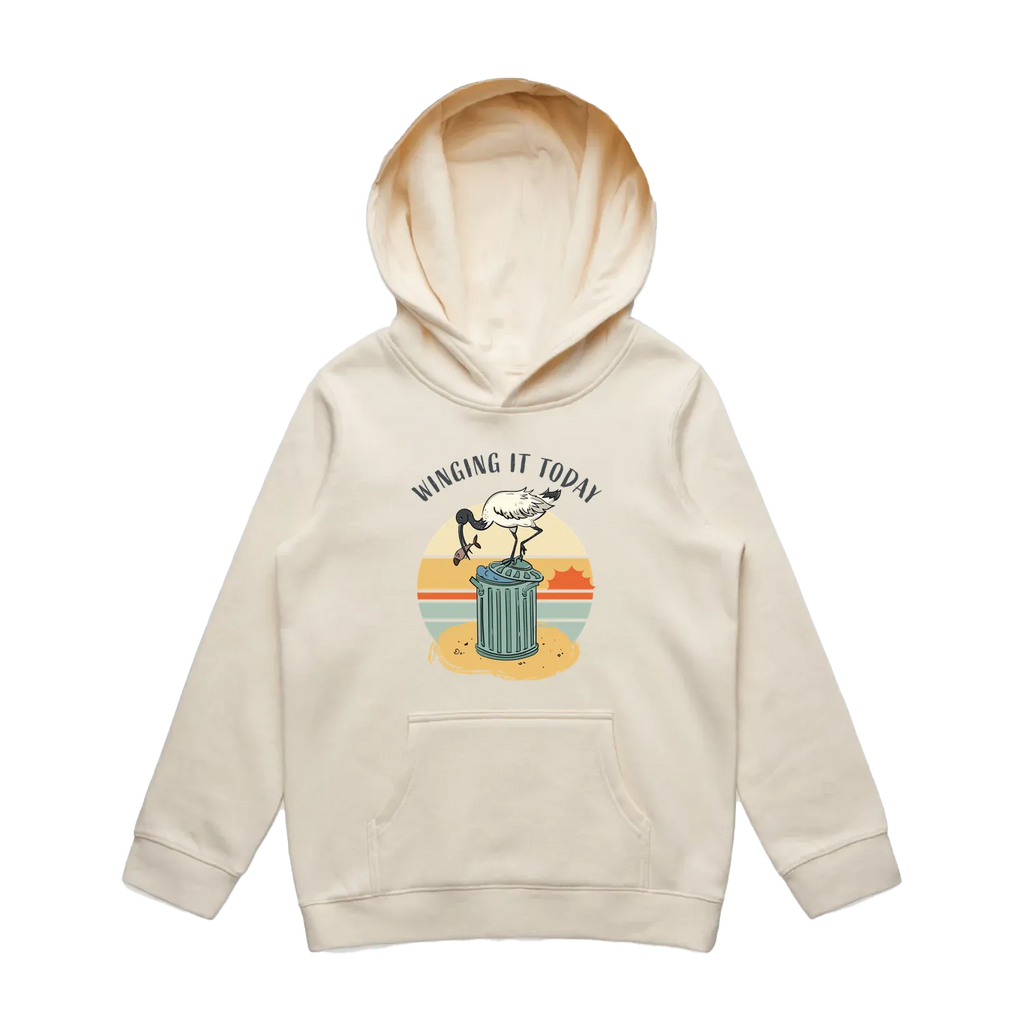 Youth ecru ibis hoodie featuring a cute, funny hand-drawn ibis design, Winging It Today print