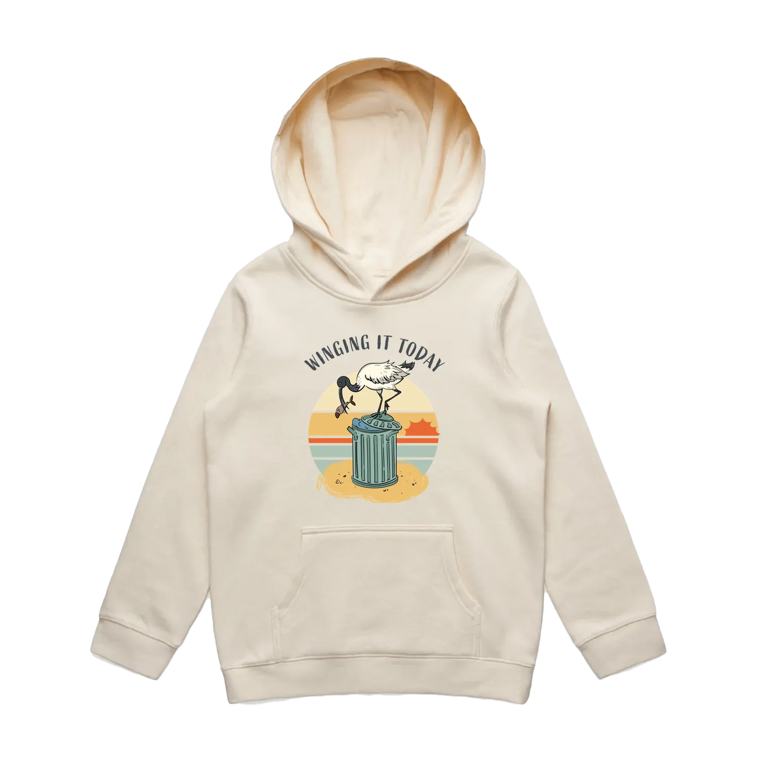 Youth ecru ibis hoodie featuring a cute, funny hand-drawn ibis design, Winging It Today print