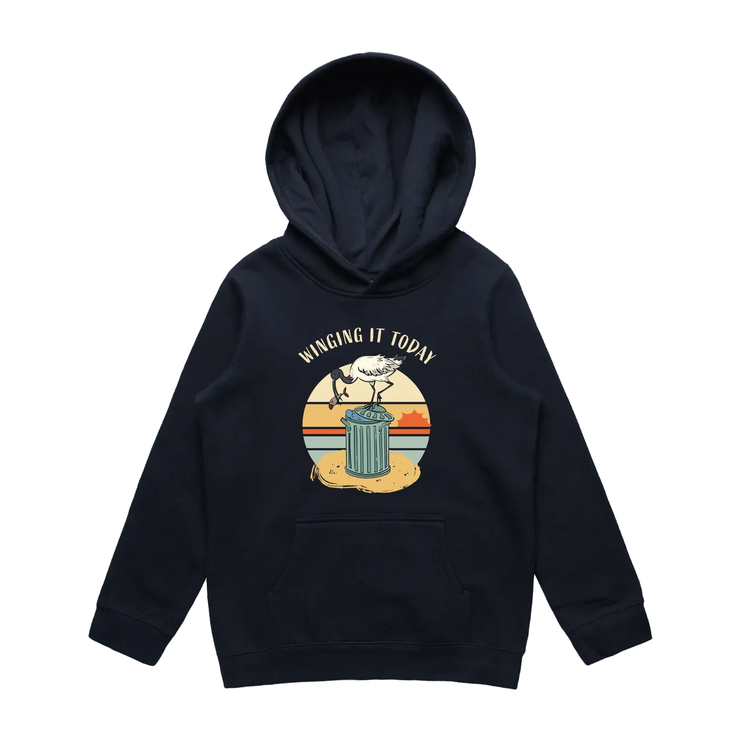 Youth navy ibis hoodie featuring a cute, funny hand-drawn ibis design, Winging It Today print