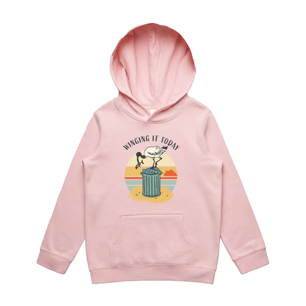 Youth pink ibis hoodie featuring a cute, funny hand-drawn ibis design, Winging It Today print