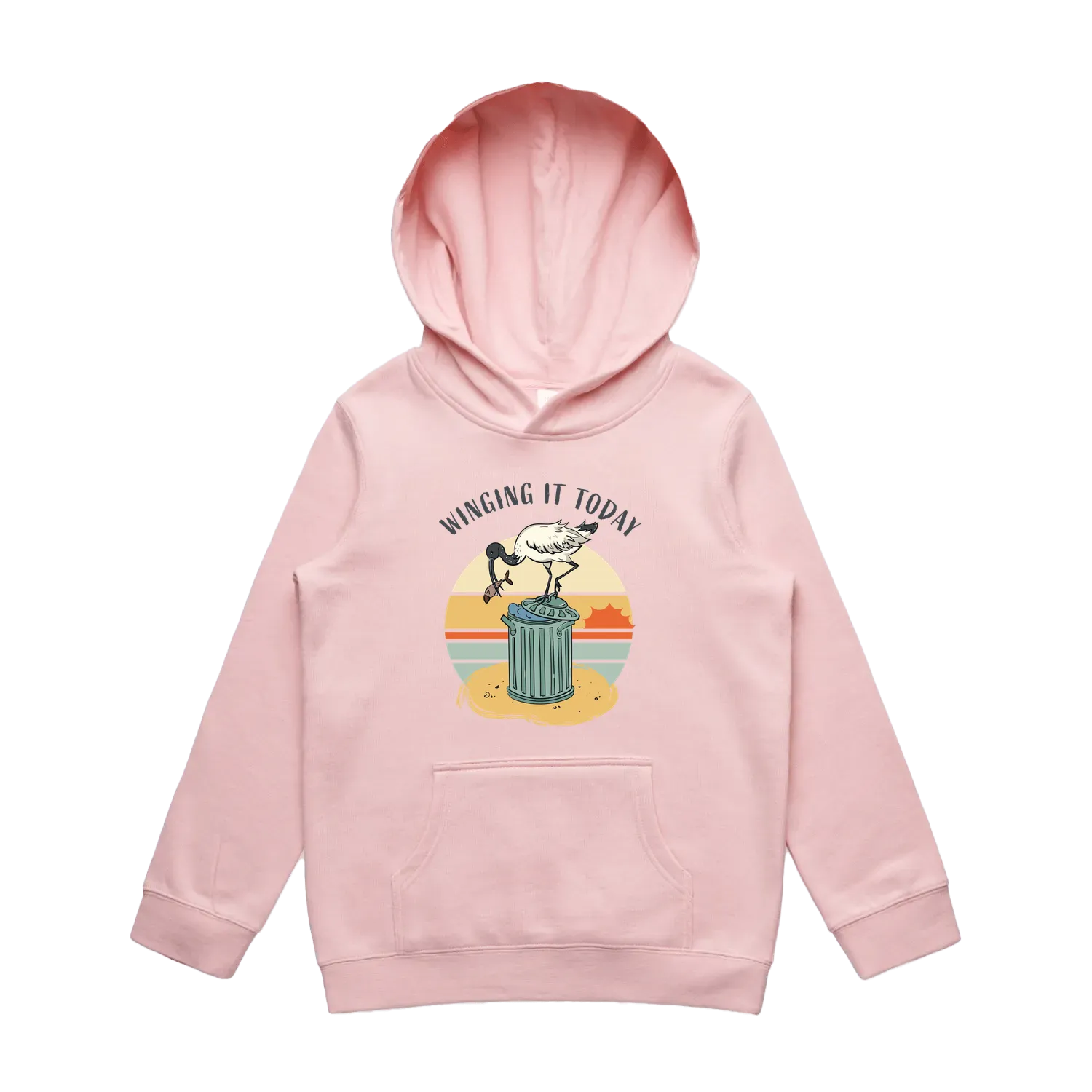 Youth pink ibis hoodie featuring a cute, funny hand-drawn ibis design, Winging It Today print