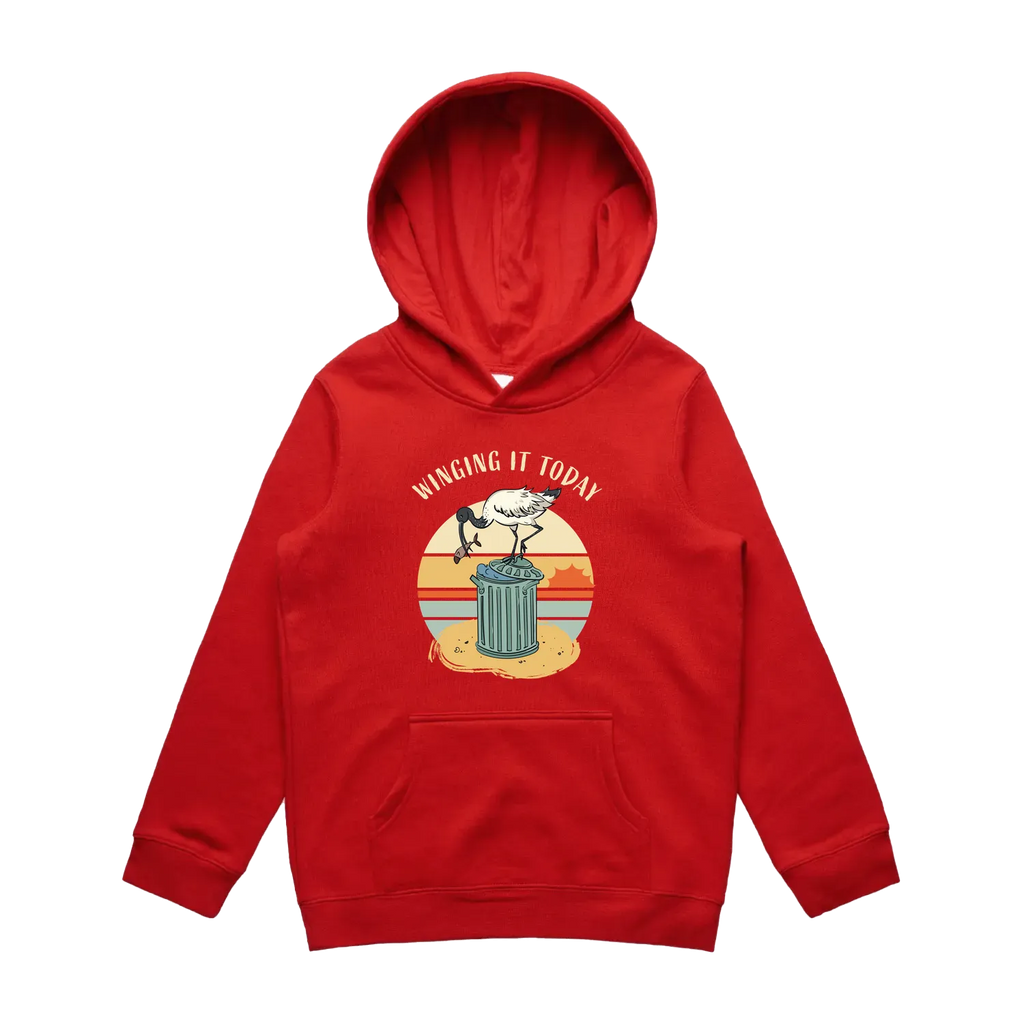 Youth red ibis hoodie featuring a cute, funny hand-drawn ibis design, Winging It Today print