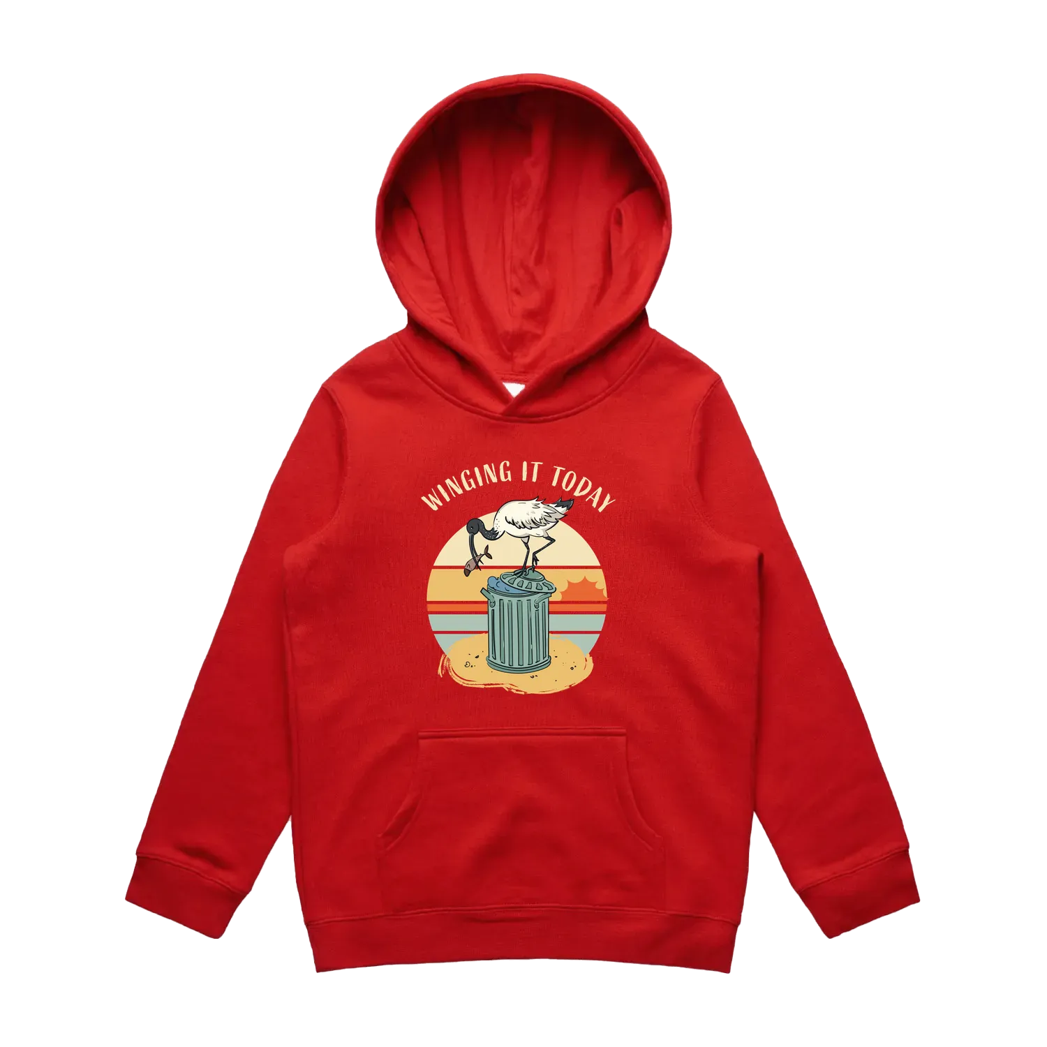 Youth red ibis hoodie featuring a cute, funny hand-drawn ibis design, Winging It Today print