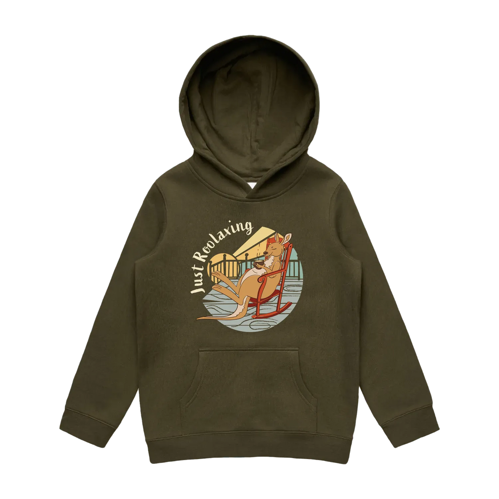 Youth army kangaroo hoodie featuring a cute, funny hand-drawn kangaroo design, Just Roolaxing print