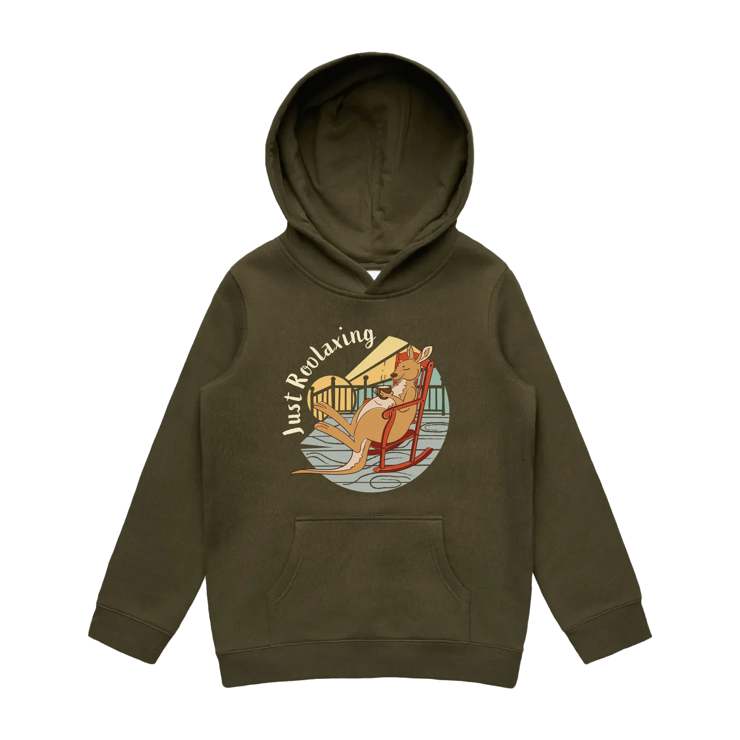 Youth army kangaroo hoodie featuring a cute, funny hand-drawn kangaroo design, Just Roolaxing print