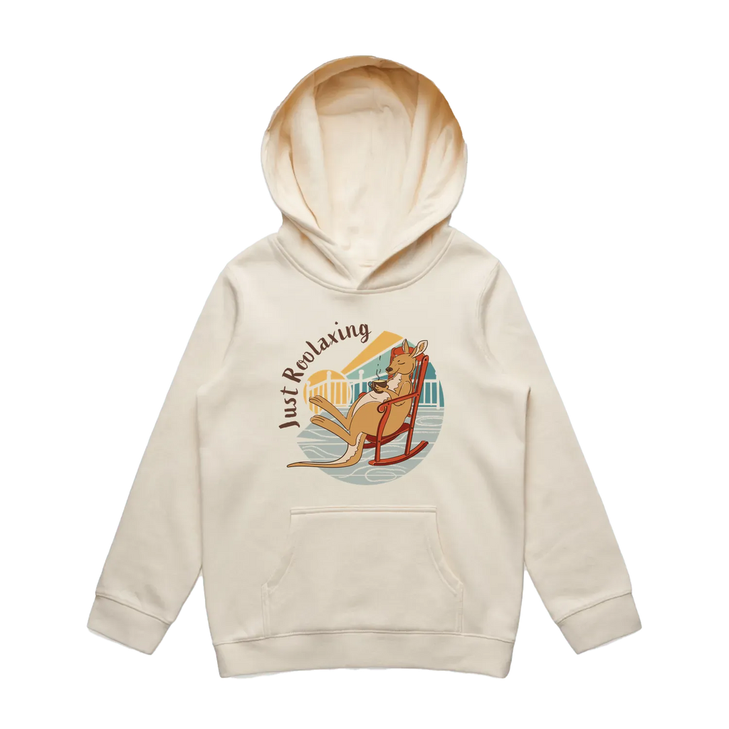 Youth ecru kangaroo hoodie featuring a cute, funny hand-drawn kangaroo design, Just Roolaxing print