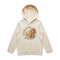 Youth ecru kangaroo hoodie featuring a cute, funny hand-drawn kangaroo design, Just Roolaxing print