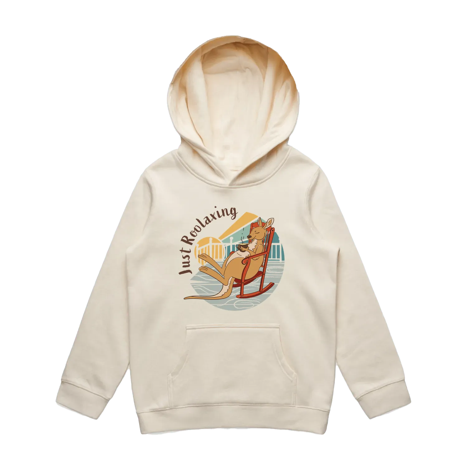 Youth ecru kangaroo hoodie featuring a cute, funny hand-drawn kangaroo design, Just Roolaxing print