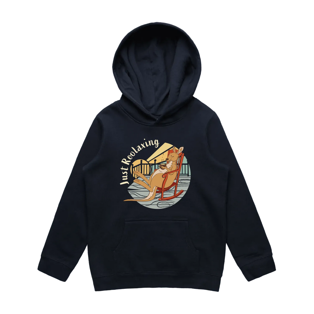 Youth navy kangaroo hoodie featuring a cute, funny hand-drawn kangaroo design, Just Roolaxing print