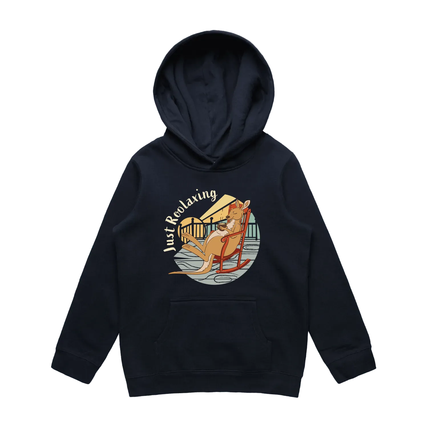 Youth navy kangaroo hoodie featuring a cute, funny hand-drawn kangaroo design, Just Roolaxing print