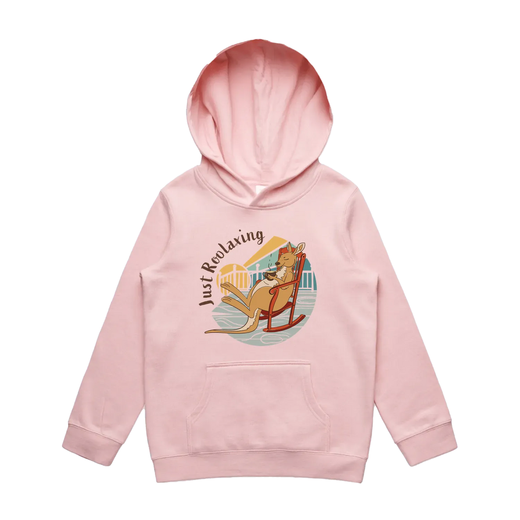 Youth pink kangaroo hoodie featuring a cute, funny hand-drawn kangaroo design, Just Roolaxing print