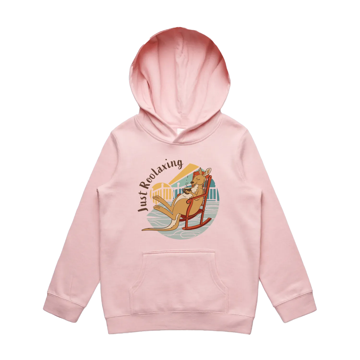 Youth pink kangaroo hoodie featuring a cute, funny hand-drawn kangaroo design, Just Roolaxing print