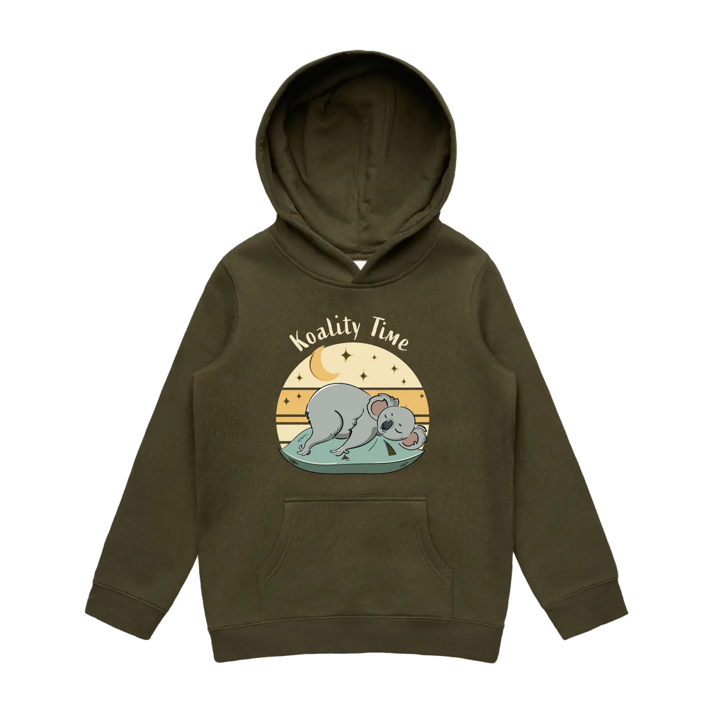Youth army koala hoodie featuring a cute, funny hand-drawn koala design, Koality Time print