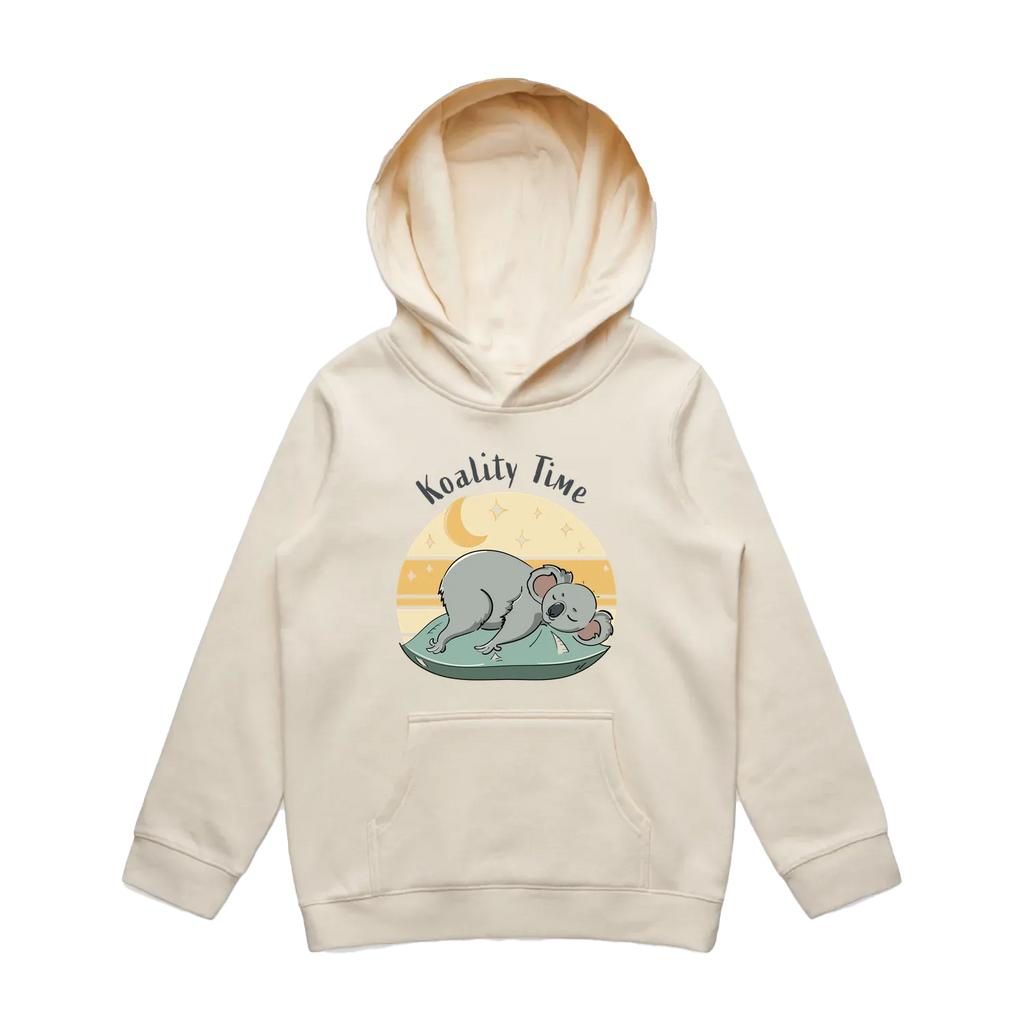 Youth ecru koala hoodie featuring a cute, funny hand-drawn koala design, Koality Time print