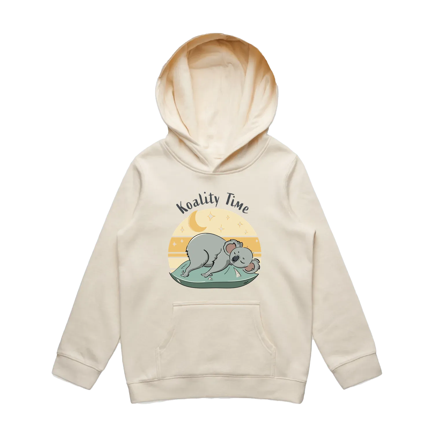 Youth ecru koala hoodie featuring a cute, funny hand-drawn koala design, Koality Time print