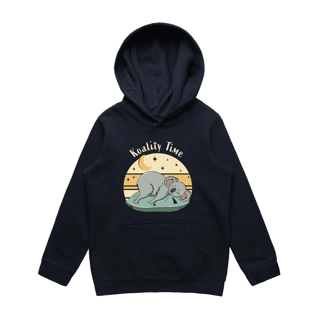 Youth navy koala hoodie featuring a cute, funny hand-drawn koala design, Koality Time print