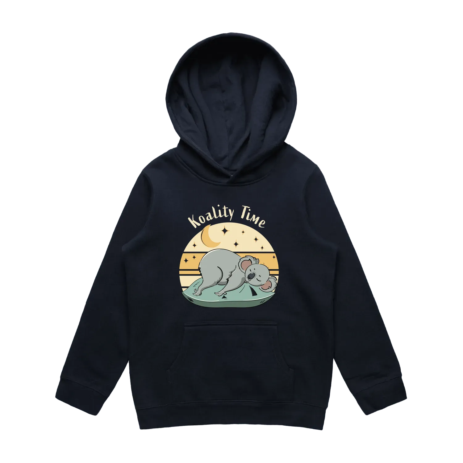 Youth navy koala hoodie featuring a cute, funny hand-drawn koala design, Koality Time print