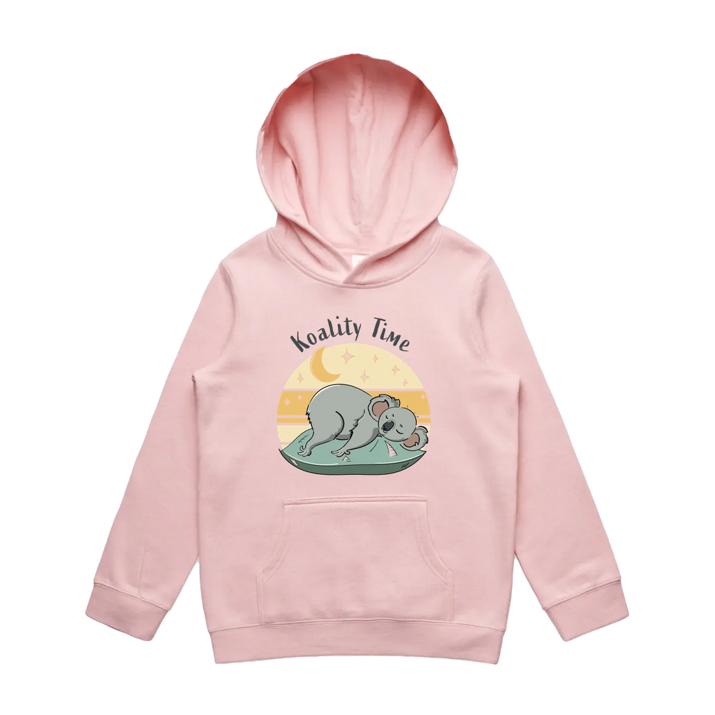 Youth pink koala hoodie featuring a cute, funny hand-drawn koala design, Koality Time print