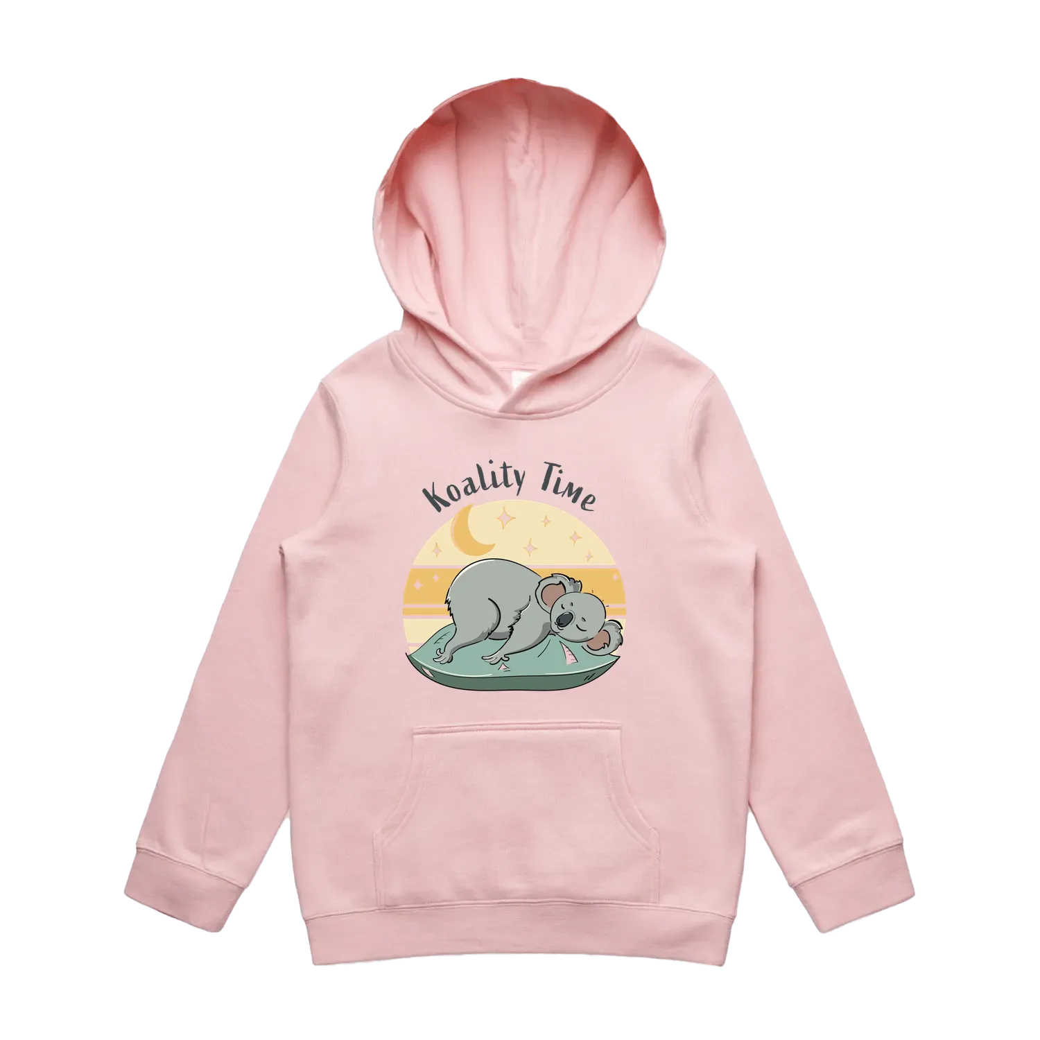 Youth pink koala hoodie featuring a cute, funny hand-drawn koala design, Koality Time print