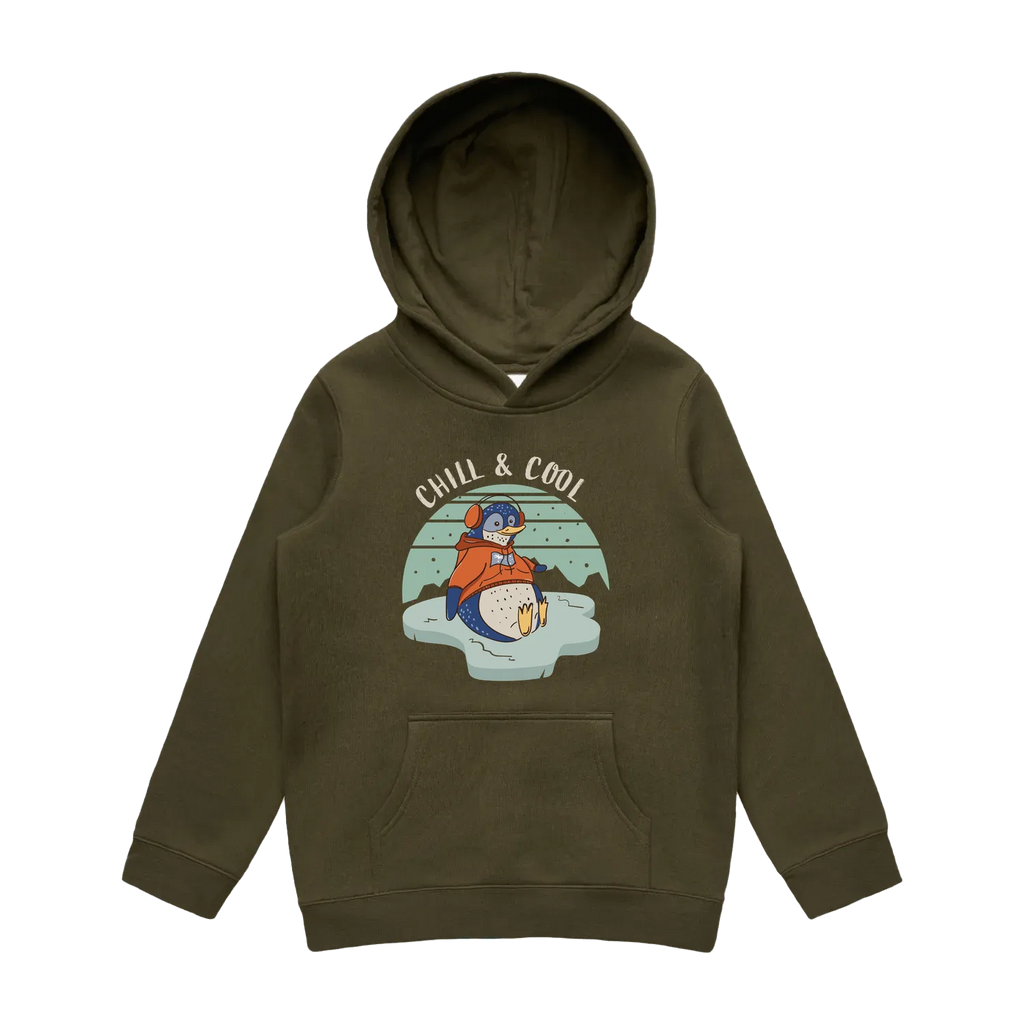 Youth army penguin hoodie featuring a cute, funny hand-drawn penguin design, Chill & Cool print